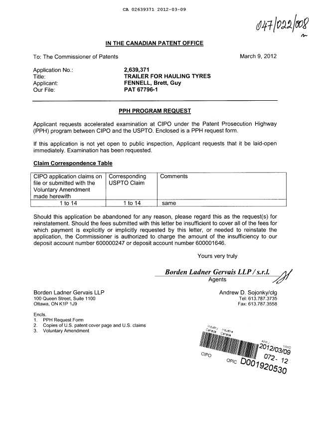 Canadian Patent Document 2639371. Prosecution-Amendment 20111209. Image 1 of 6