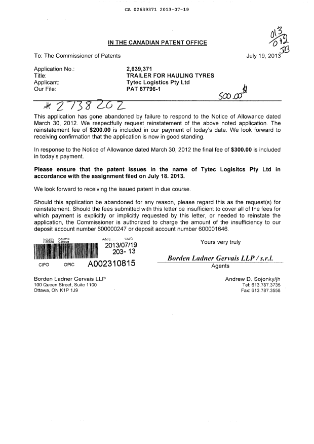 Document de brevet canadien 2639371. Correspondance 20130719. Image 1 de 1