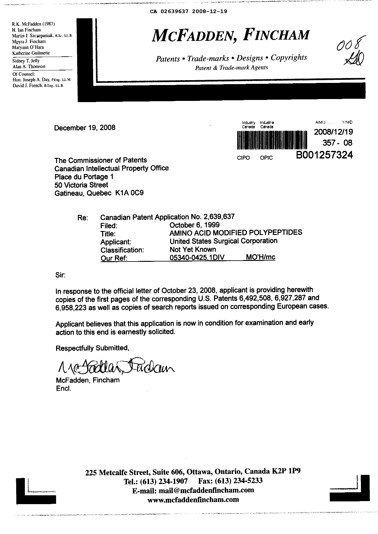 Canadian Patent Document 2639637. Prosecution-Amendment 20081219. Image 1 of 1