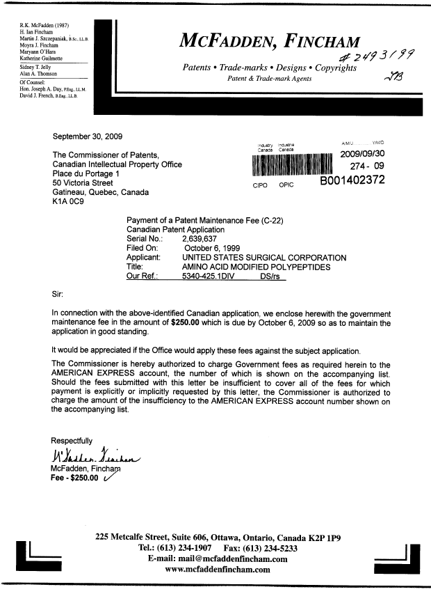 Document de brevet canadien 2639637. Taxes 20090930. Image 1 de 1