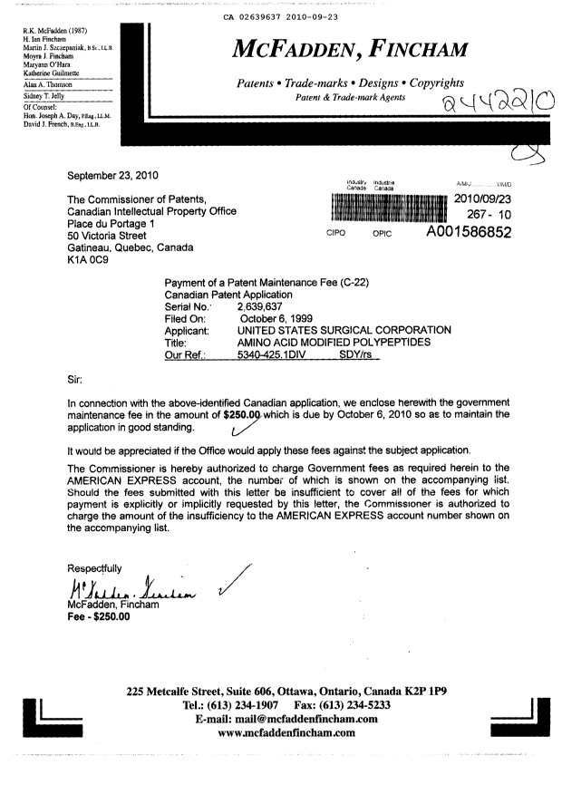 Document de brevet canadien 2639637. Taxes 20100923. Image 1 de 1