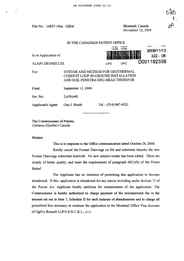 Canadian Patent Document 2639648. Correspondence 20081113. Image 1 of 20