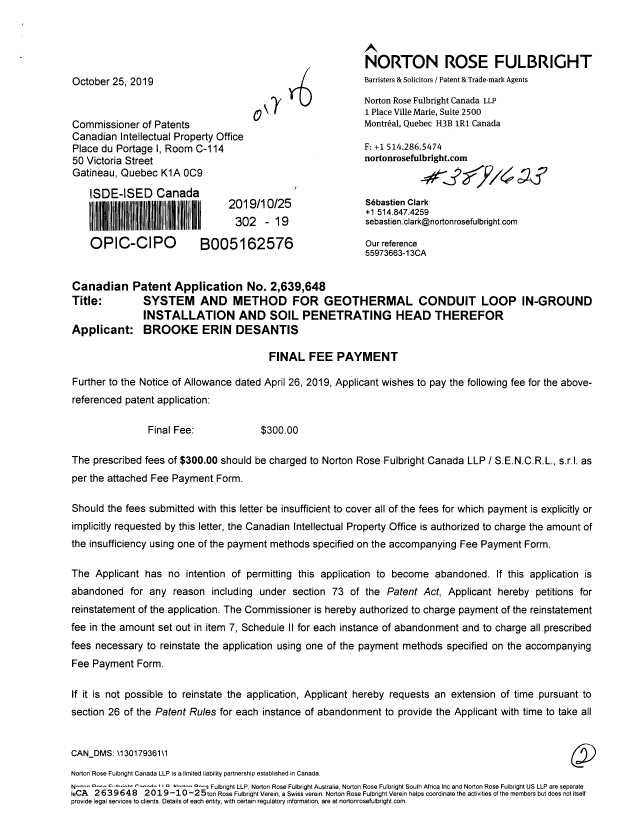 Canadian Patent Document 2639648. Final Fee 20191025. Image 1 of 2
