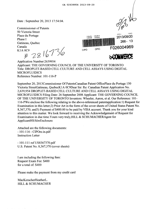 Document de brevet canadien 2639954. Poursuite-Amendment 20130920. Image 1 de 3