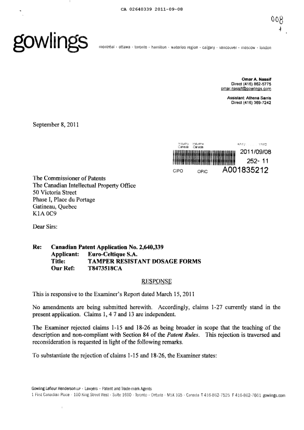 Document de brevet canadien 2640339. Poursuite-Amendment 20110908. Image 1 de 4