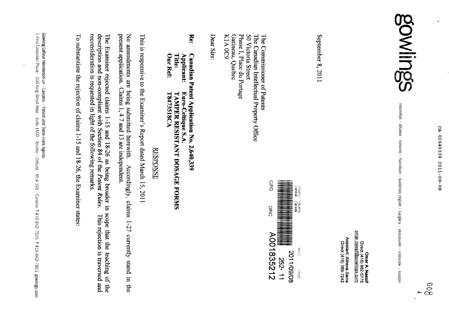 Canadian Patent Document 2640339. Prosecution-Amendment 20110908. Image 1 of 4