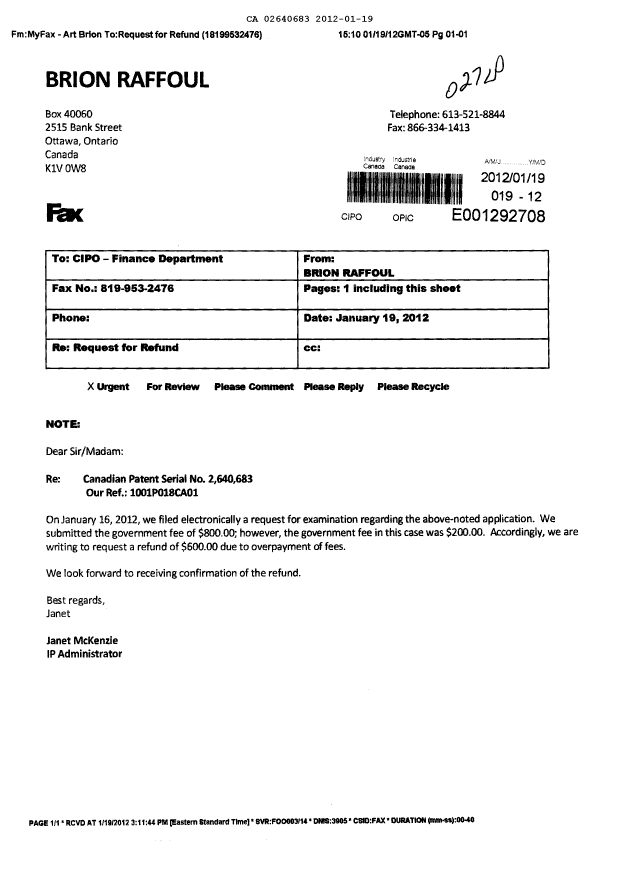 Document de brevet canadien 2640683. Poursuite-Amendment 20120119. Image 1 de 1
