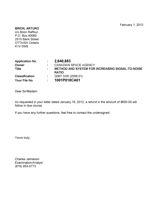 Document de brevet canadien 2640683. Correspondance 20120201. Image 1 de 1