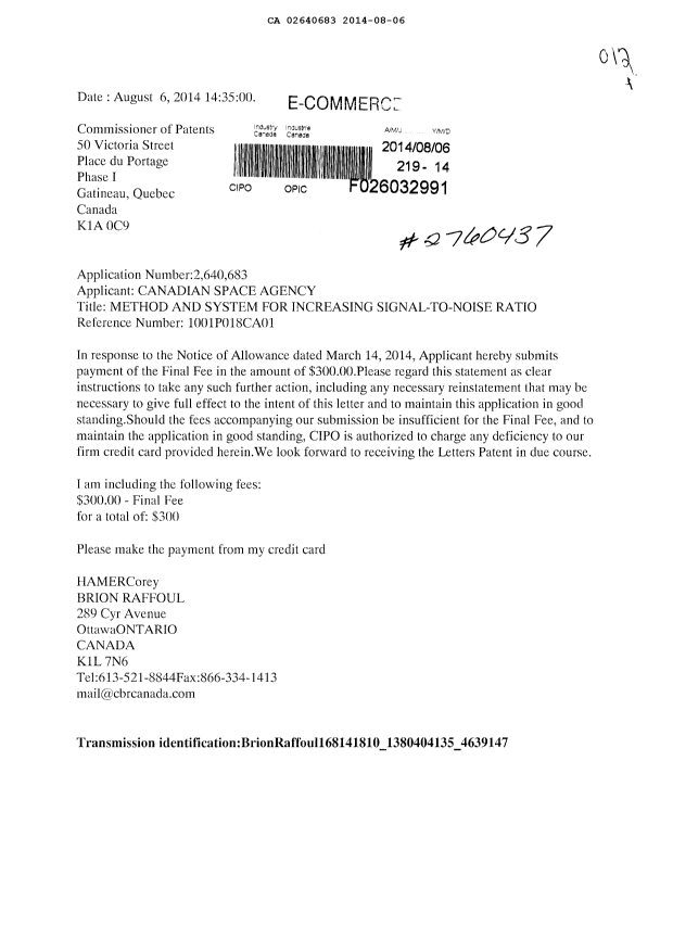 Document de brevet canadien 2640683. Correspondance 20140806. Image 1 de 1