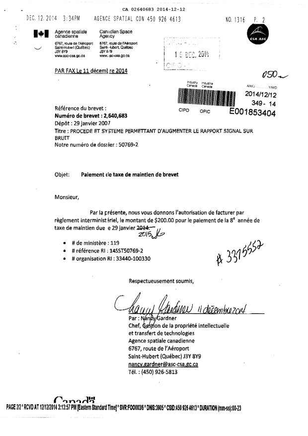 Document de brevet canadien 2640683. Taxes 20141212. Image 1 de 1