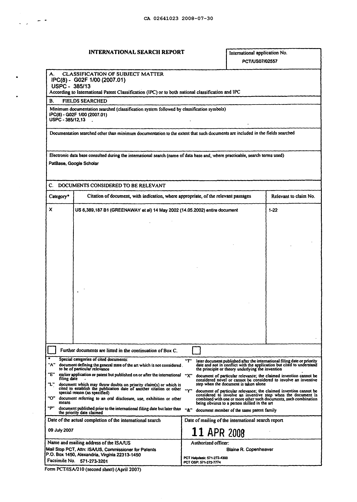 Canadian Patent Document 2641023. PCT 20080730. Image 1 of 2