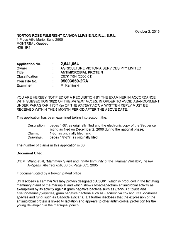 Document de brevet canadien 2641064. Poursuite-Amendment 20131002. Image 1 de 4