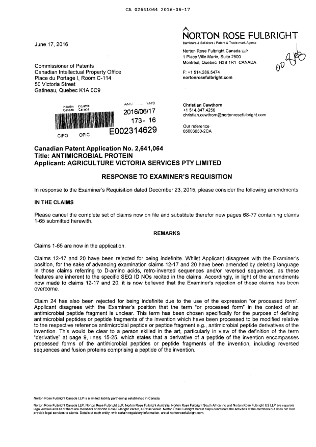 Canadian Patent Document 2641064. Amendment 20160617. Image 1 of 13