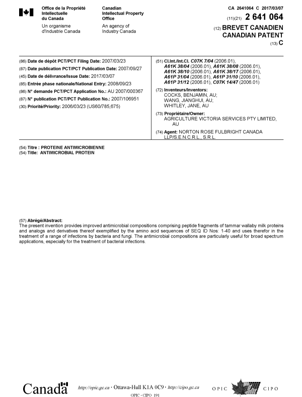Document de brevet canadien 2641064. Page couverture 20170201. Image 1 de 1