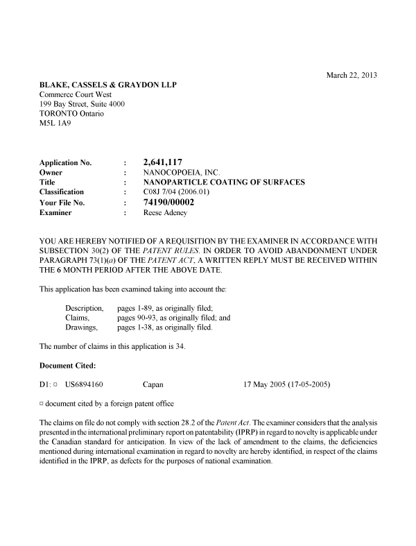 Canadian Patent Document 2641117. Prosecution-Amendment 20130322. Image 1 of 3