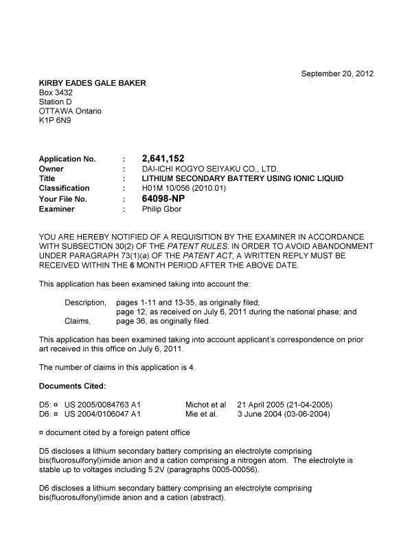 Canadian Patent Document 2641152. Prosecution-Amendment 20111220. Image 1 of 3