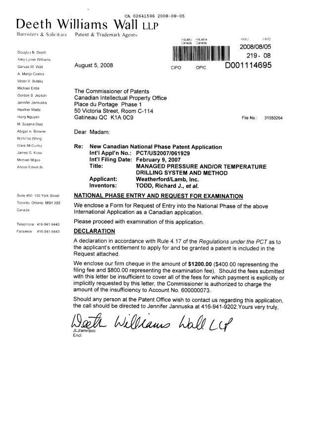 Document de brevet canadien 2641596. Cession 20080805. Image 1 de 3