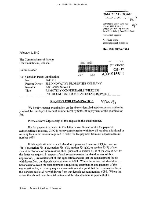 Document de brevet canadien 2641731. Poursuite-Amendment 20120201. Image 1 de 2