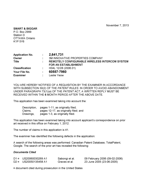 Document de brevet canadien 2641731. Poursuite-Amendment 20131107. Image 1 de 3