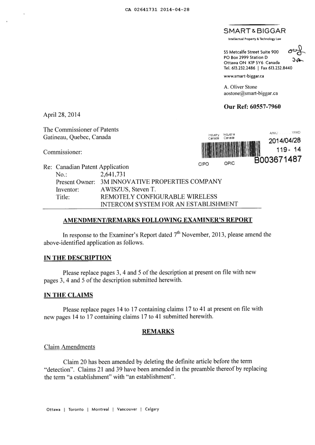 Document de brevet canadien 2641731. Poursuite-Amendment 20140428. Image 1 de 11