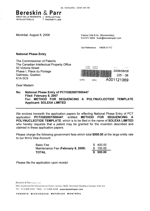 Document de brevet canadien 2641851. Cession 20080808. Image 1 de 4