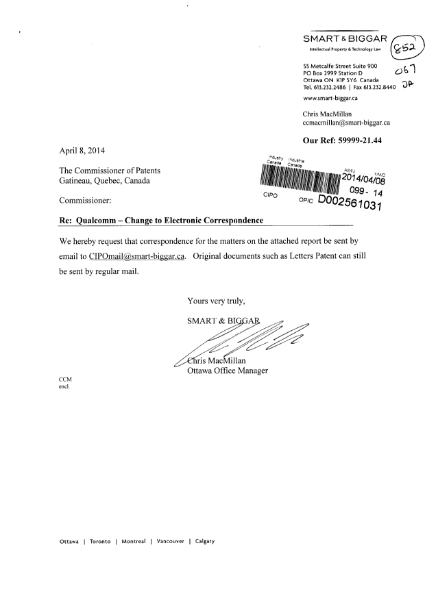 Document de brevet canadien 2641935. Correspondance 20140408. Image 1 de 2