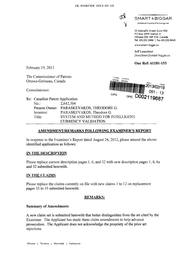 Canadian Patent Document 2642304. Prosecution-Amendment 20130219. Image 1 of 11