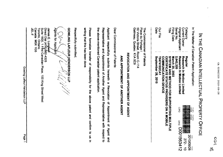 Canadian Patent Document 2642320. Correspondence 20100928. Image 1 of 3