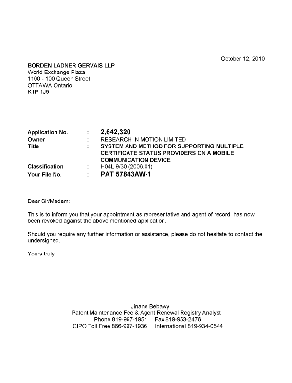 Canadian Patent Document 2642320. Correspondence 20101012. Image 1 of 1