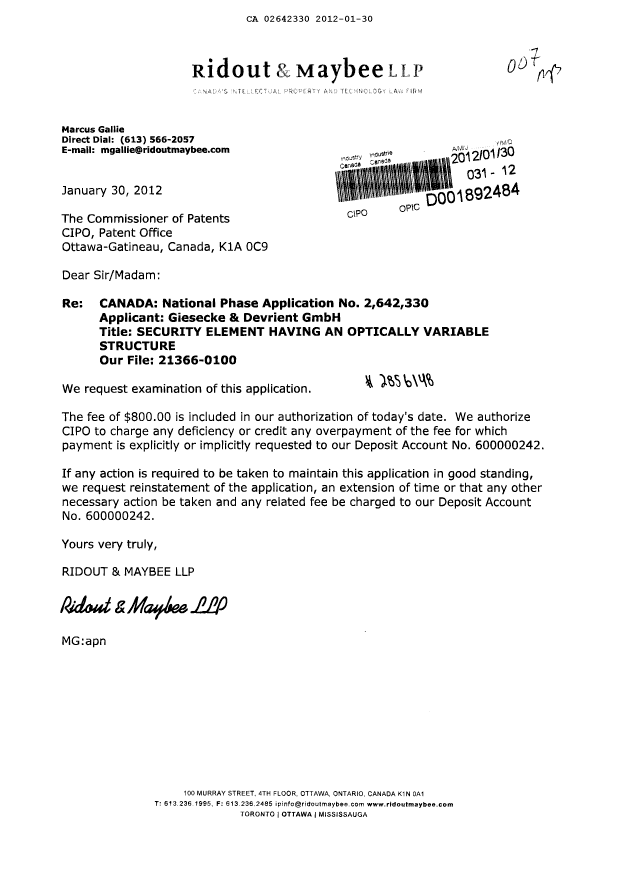 Canadian Patent Document 2642330. Prosecution-Amendment 20120130. Image 1 of 1