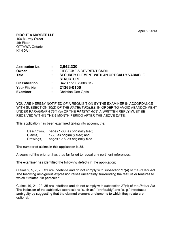 Canadian Patent Document 2642330. Prosecution-Amendment 20130408. Image 1 of 2
