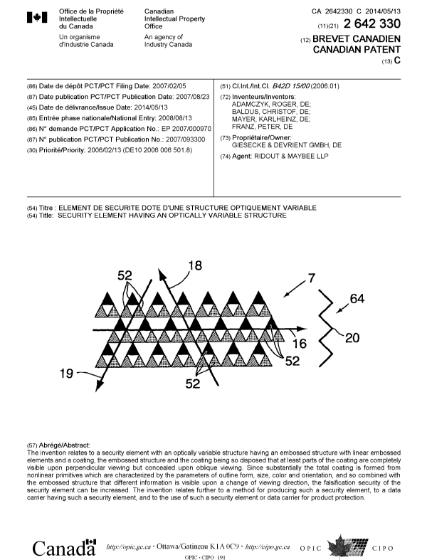 Canadian Patent Document 2642330. Cover Page 20140416. Image 1 of 1