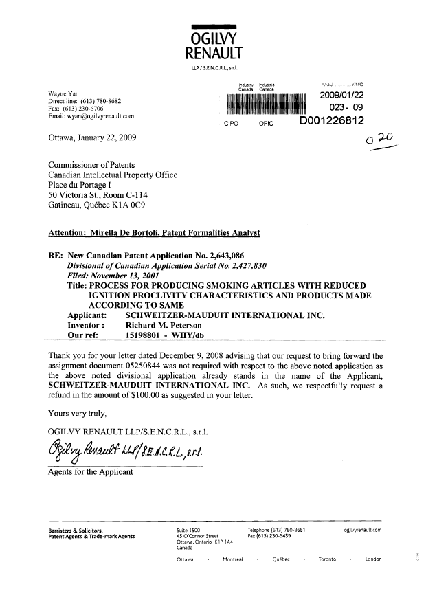 Document de brevet canadien 2643086. Correspondance 20081222. Image 1 de 3