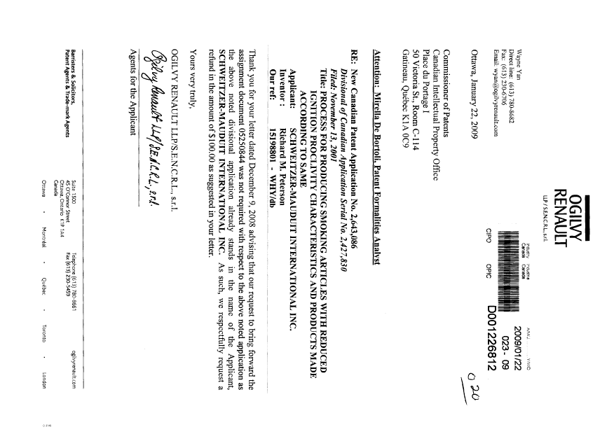 Canadian Patent Document 2643086. Correspondence 20081222. Image 1 of 3