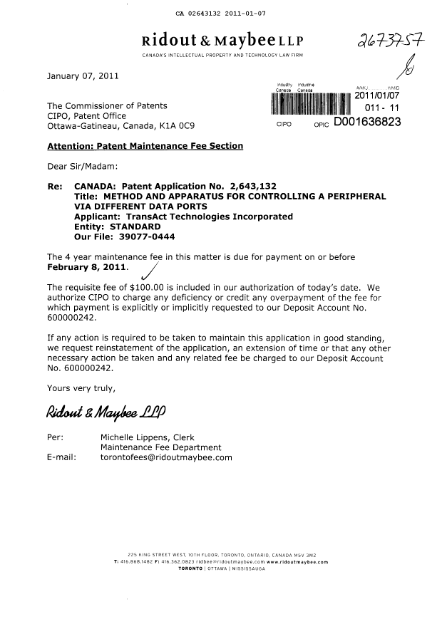 Document de brevet canadien 2643132. Taxes 20110107. Image 1 de 1