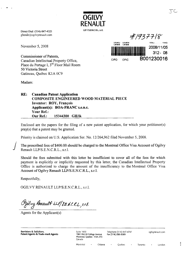 Document de brevet canadien 2643180. Cession 20081105. Image 1 de 4