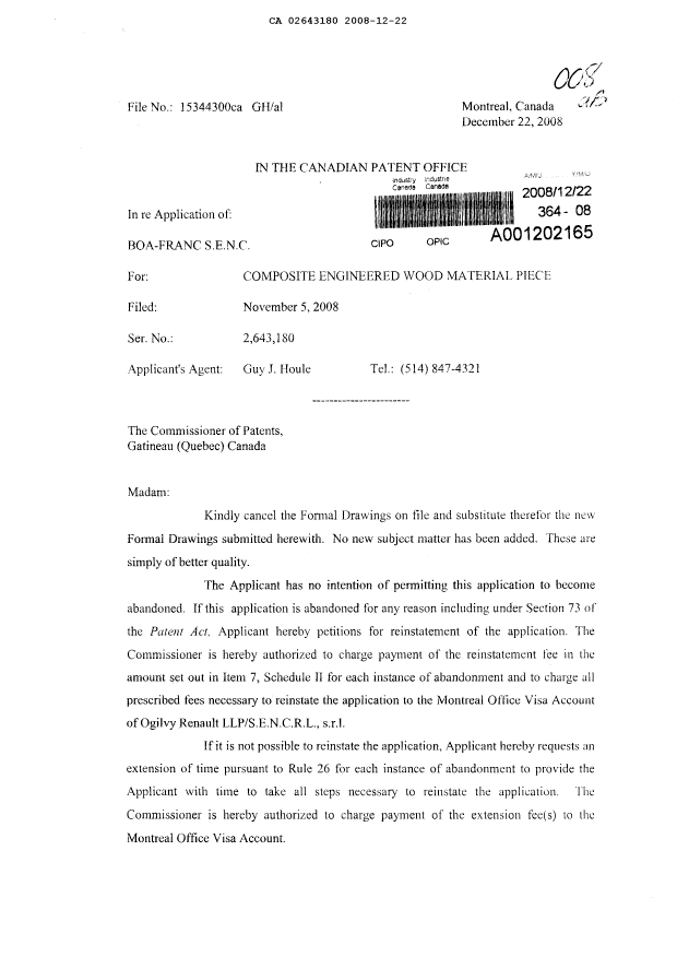 Canadian Patent Document 2643180. Prosecution-Amendment 20081222. Image 1 of 4