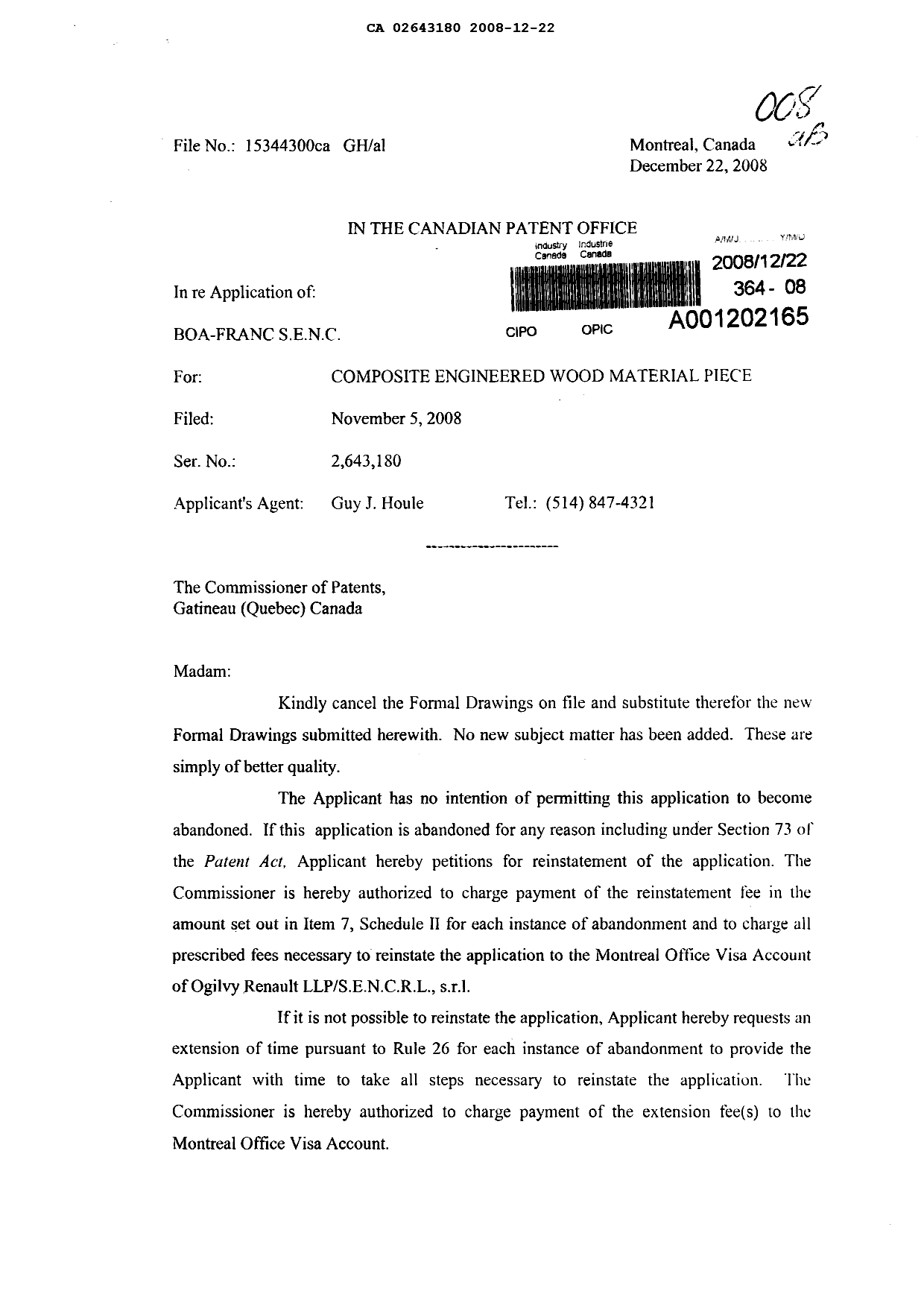 Canadian Patent Document 2643180. Prosecution-Amendment 20081222. Image 1 of 4
