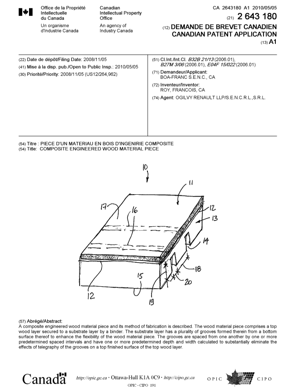 Canadian Patent Document 2643180. Cover Page 20100428. Image 1 of 1