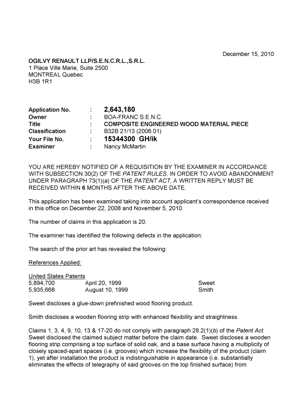 Document de brevet canadien 2643180. Poursuite-Amendment 20101215. Image 1 de 3