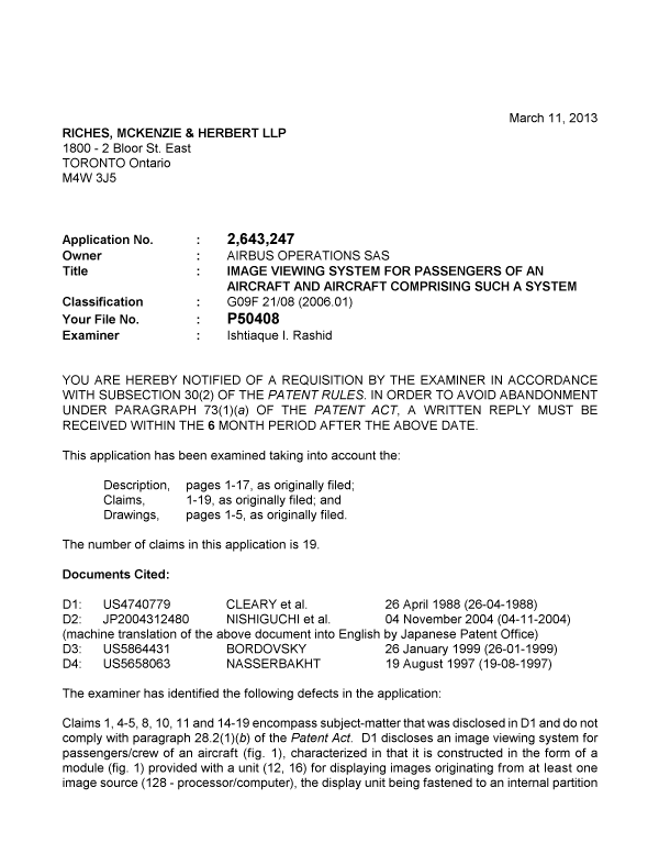 Canadian Patent Document 2643247. Prosecution-Amendment 20121211. Image 1 of 3