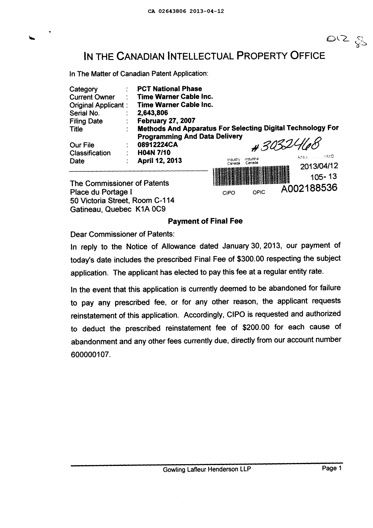 Canadian Patent Document 2643806. Correspondence 20130412. Image 1 of 2