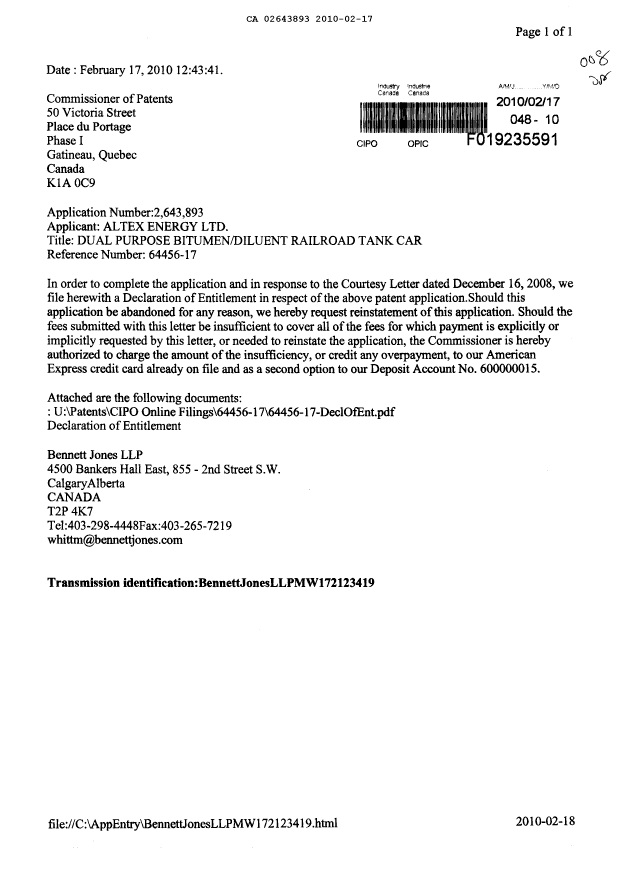 Document de brevet canadien 2643893. Poursuite-Amendment 20091217. Image 1 de 2