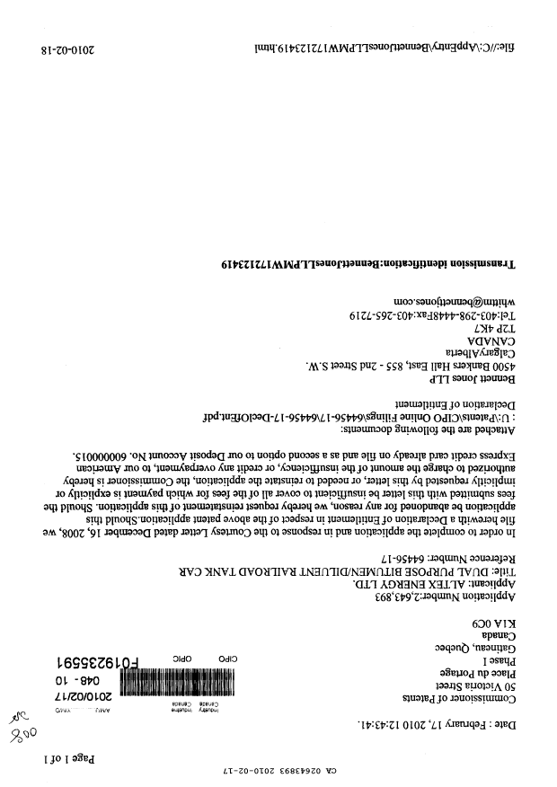 Canadian Patent Document 2643893. Prosecution-Amendment 20091217. Image 1 of 2