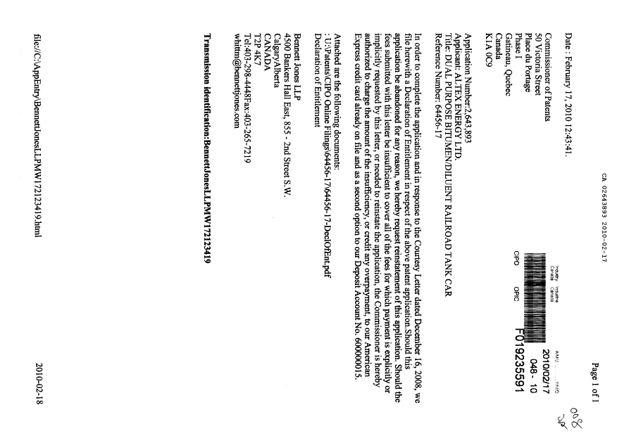 Document de brevet canadien 2643893. Poursuite-Amendment 20091217. Image 1 de 2
