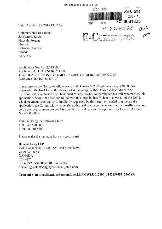 Canadian Patent Document 2643893. Correspondence 20141215. Image 1 of 1