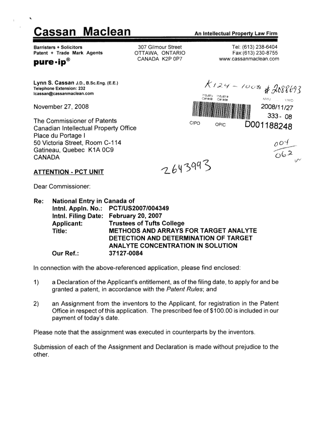 Canadian Patent Document 2643993. Correspondence 20081127. Image 1 of 3