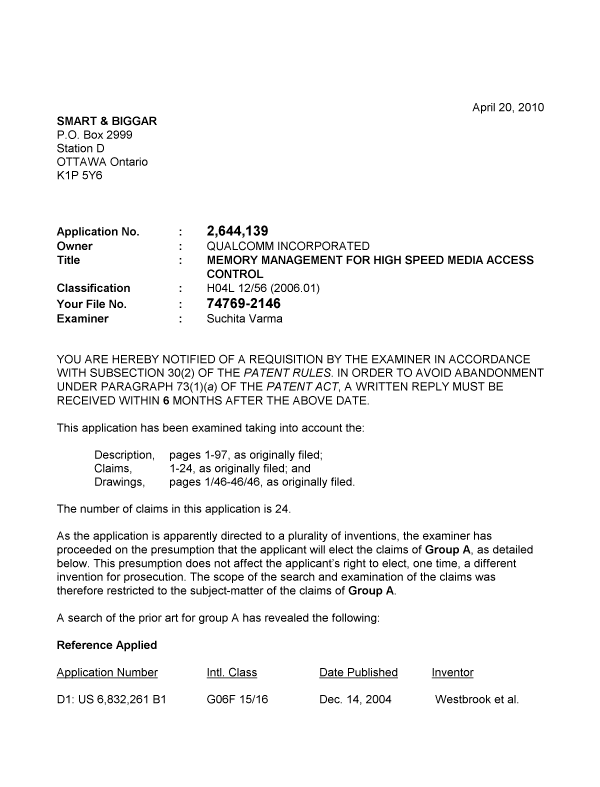 Document de brevet canadien 2644139. Poursuite-Amendment 20100420. Image 1 de 4