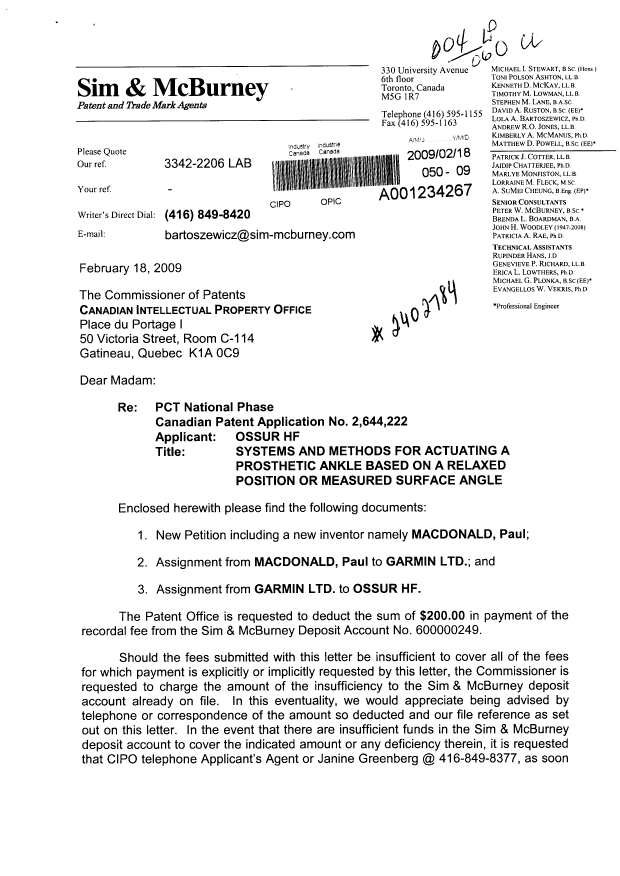 Canadian Patent Document 2644222. Correspondence 20081218. Image 1 of 4
