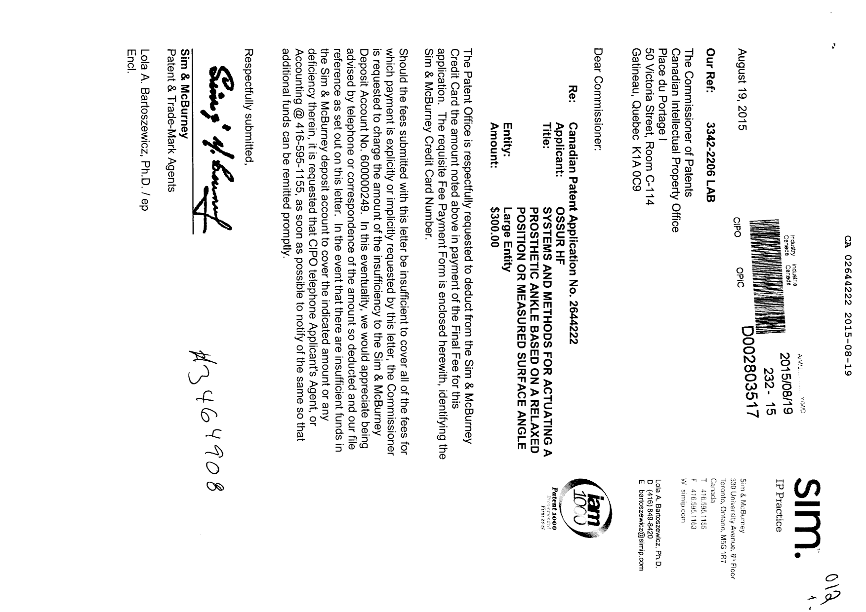 Canadian Patent Document 2644222. Correspondence 20141219. Image 1 of 1